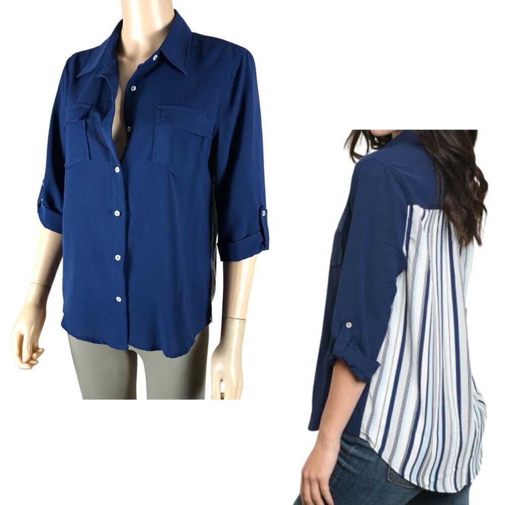 GILLI Blue Contrast Print Wear to Work Button Down Blouse SMALL